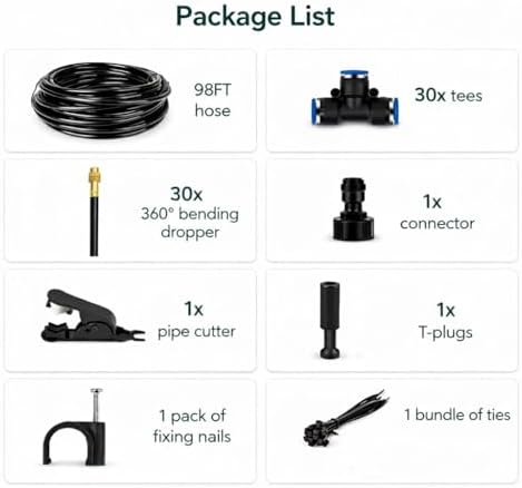 360° Adjustable Drip Irrigation System - Compatible 1/4" Irrigation System, 98FT Garden Watering Atomizing System with 30pcs Nozzles, Greenhouse Accessories for Yard, Lawn, Plants, Garden (98Ft)