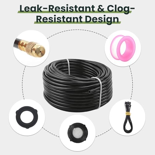 100Ft Drip Irrigation System,1/4" 360°Bendable Fast-Lock Tubing with24pcs Adjustable Misting Copper Nozzles, Automatic Leak-Resistant Watering Spray Kit for Garden,Compatible with 3/4" & 1/2" Hose