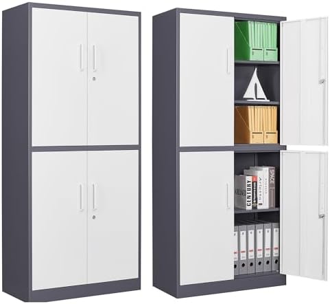 Letaya Metal Storage Cabinet with Lock Door, Adjustable Shelf Steel Cabinets for Office, Home,Pantry,Kitchen,Garage Utility Cabinet (4 Door-White&Gray)