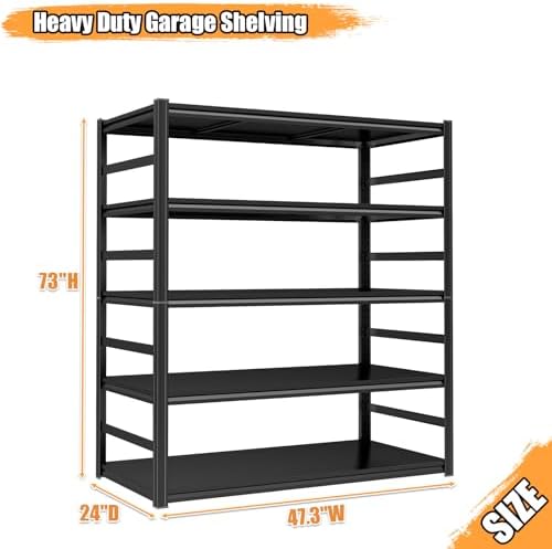 Heavy Duty Metal Garage Shelving Unit, 5 - Tier Adjustable Storage Shelves, 3000LBS for Garage & Basement, Kitchen and Pantry Industrial Steel Rack, Ideal for Tool Organization & Storage, Black,73"H