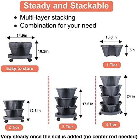 GameXcel Vertical Planter Tower - 4 Tier Stackable Garden Planters with Wheels and Tools Plant Pots for Strawberry Herb Flower and Vegetable Indoor Outdoor Use Dark Gray 2 Pack