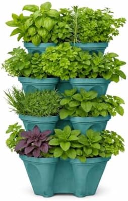 Strawberry Planter Tower, 4 Tier Stackable Vertical Planter, 16 Plant Sites, Space Saving Garden Planter, Indoor Outdoor, Made in USA (Mineral Teal, Small)