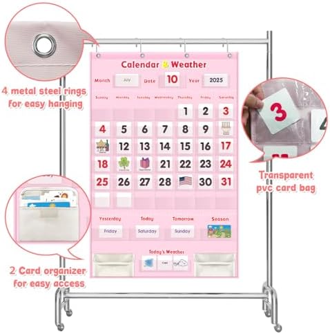 Interactive Calendar for Kids - Learning Calendar Wall Chart with Daily Weather, Seasons for Toddlers Preschool - Homeschool Classroom Must Haves Supplies for Circle Time Morning Board (Pink)
