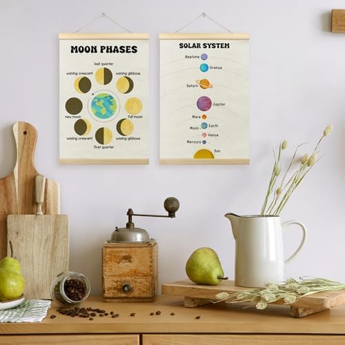 TLESKE Classroom Moon Phases Solar System Space Poster Hanger Frame Set of 2, Homeschool Hanging Wall Art Room Decor for Toddlers Kid Nursery Playroom, Preschool Prek Learning Educational Print, 12x16