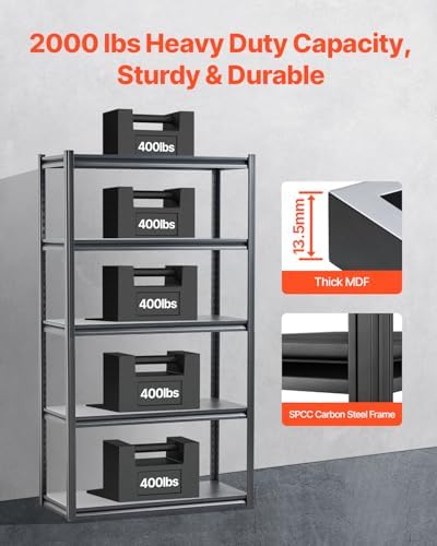 VEVOR Storage Shelves, 2000 lbs, 5 Tier Garage Storage Shelving, 18" D x 40" W x 72" H Adjustable Metal Shelves for Garage Shelves Utility Rack Shelf, Ideal for Kitchen, Warehouse, Basement, Black