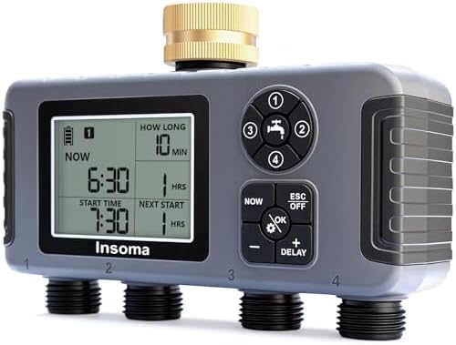 Insoma 4-Zone Water Timer with Brass Inlet, Automatic Garden Hose Timer with Manual/Rain Delay & Large Display, IPX5 Waterproof Faucet Timers for Sprinkler System, Yard, Lawn, Greenhouse