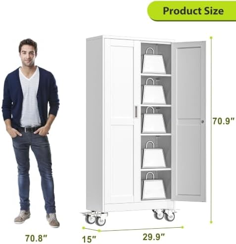 71-Inch Metal Garage Storage Cabinet with Wheels, Locking Doors and Shelves