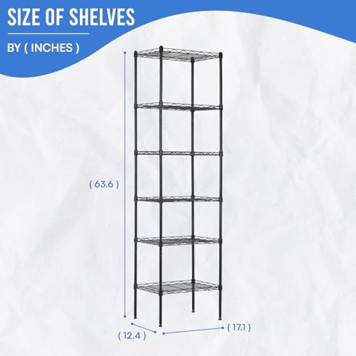 PayLessHere | 6-Tier Wire Shelf | 17"x12"x64" | Black | Adjustable Racks | Heavy-Duty Storage Shelves, Holds Upto 600 lbs | Rust-Resistant, No-Tool Assembly | for Home, Garage Shelving