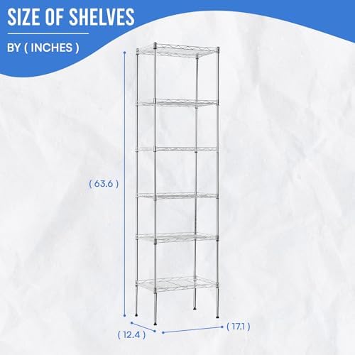 PayLessHere | 6-Tier Wire Shelf | 17"x12"x64" | Chrome | Adjustable Racks | Heavy-Duty Storage Shelves, Holds Upto 600 lbs | Rust-Resistant, No-Tool Assembly | for Home, Garage Shelving