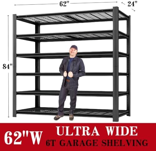 6-Tier Heavy Duty Garage Shelving, 6,000 lbs Capacity Adjustable Metal Storage Shelving Unit for Garage, Basement, Warehouse & Workshop, 62" W x 24" D x 84" H