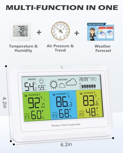 Indoor Outdoor Thermometer Wireless Weather Station 3 Sensors