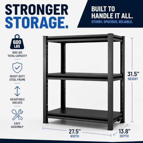 Garage Shelving Heavy Duty Shelving Unit, 1200 LBS 3-Tier Adjustable Boltless Storage Rack, Organizer for Garage Warehouse Kitchen Basement Workshop Household Supplies,31.5"H x 27.5"W x 13.8"D , Black