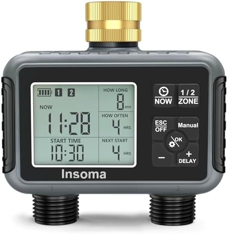 Insoma Water Timer with Brass Inlet, 2 Independent Zones Outdoor Hose Timer for Garden Faucet with Auto/Manual/Rain Delay Mode, Sprinkler Irrigation Timers for Yard Lawn
