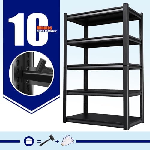 Set of 5 Garage Shelving Heavy Duty Storage Shelves, Metal Adjustable Shelving Unit, Utility Garage Organizer Shelf for Basement, Pantry, Kitchen, Warehouse, 20" D x 46" W x 71.2" H, Black