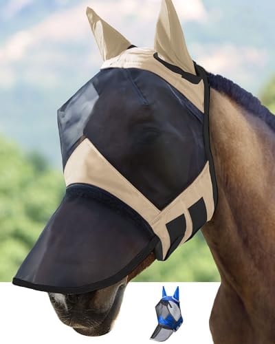 Harrison Howard CareMaster Pro Luminous Horse Fly Mask Large Eye Space Long Nose with Ears UV Protection for Horse Light Champagne Small Pony