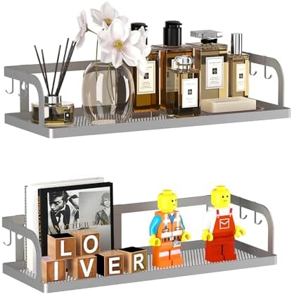 PUSDON 2-Pack Wide Hollowout Shower Caddy & Spice Rack, Wall Mount Bathroom Organizer with Mesh Bottom, Easy Access Cabinet Door Shelf Holds 50LBS - Silver Gray, Hollowout