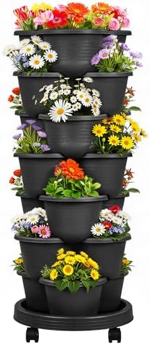 VECELO 7 Tier Vertical Garden Planter, Self Watering Stackable Planters with Wheels for Strawberries, Herbs, Flowers, Vegetables, Black