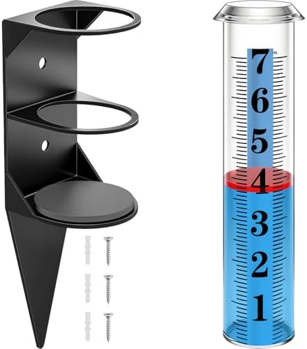 Rain Gauge Outdoor,7" Rain Gauges Outdoors Best Rated with Metal Rack Holder, Rain Measure Gauge, Easy to Read with Red Float, Large Font Plastic Replacement Tube for Yard Garden