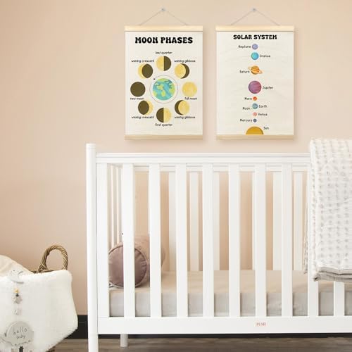 TLESKE Classroom Moon Phases Solar System Space Poster Hanger Frame Set of 2, Homeschool Hanging Wall Art Room Decor for Toddlers Kid Nursery Playroom, Preschool Prek Learning Educational Print, 12x16