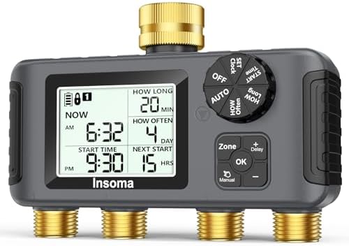 Insoma 4 Zones Sprinkler Timer with Brass Inlet & Outlet, Water Timer for Garden Hose with Auto/Manual/Rain Delay Mode, Hose Timers for Irrigation Watering System for Yard, Lawn, Plant Watering