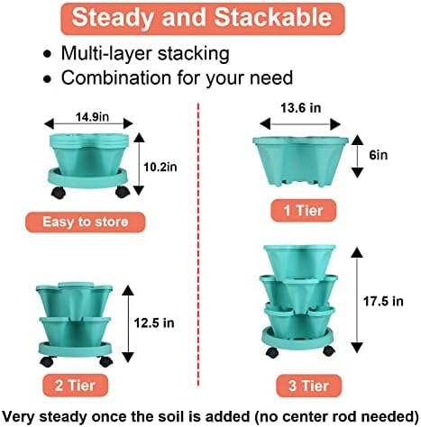 GameXcel Vertical Planter Tower - 3 Tier Stackable Garden Planters with Wheels and Tools Plant Pots for Strawberry Herb Flower and Vegetable Indoor Outdoor Use Teal