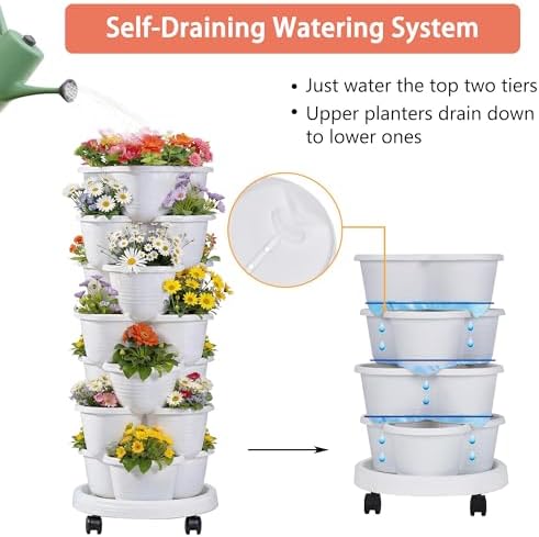 VECELO 7 Tier Vertical Garden Planter, Self Watering Stackable Planters with Wheels for Strawberries, Herbs, Flowers, Vegetables, White