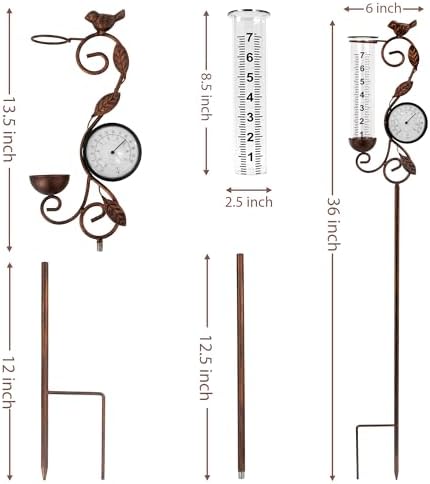 32" Garden Rain Gauge with Thermometer - 7" Glass Tube for Outdoor Indoor Use, Patio Yard Decor Statue