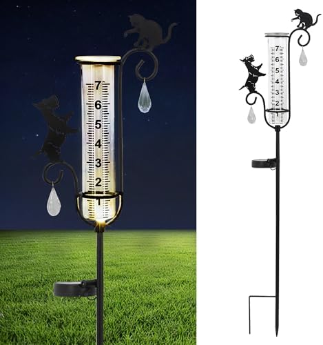 33" Solar Garden Rain Gauge - 7" Glass Tube for Outdoor Indoor Use, Patio Yard Decor Statue,Metal Dog & Cat Rain Gauge.