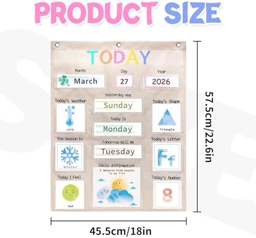 Daily Morning Board Circle Time Calendar Weather Seasons Positive Affirmations Letter Shape Number of the Day Pocket Chart,Toddler Preschool Calendar,Homeschool Morning Work Activity, Pastel Design
