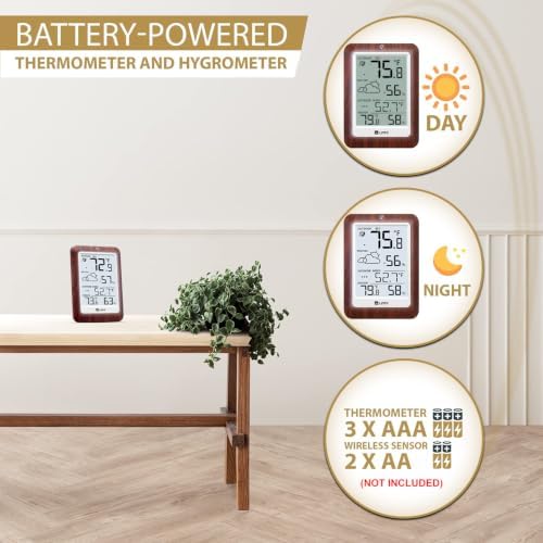 Indoor Outdoor Thermometer Wireless Weather Station, Temperature Humidity Monitor Battery Powered Inside Outside Thermometers with 330ft Range Remote Sensor and Backlight Display（Dark Wood）