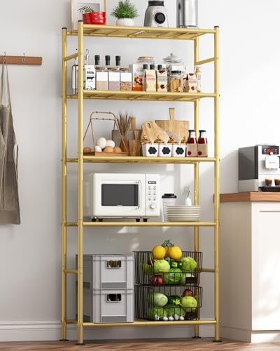 Sakugi Storage Shelves - 5 Tier Shelf Organizer, Heavy Duty Garage Shelving Unit with Leveling Feet, Stable Metal Shelves Organizer for Pantry, Kitchen and Closet, 33.0" W x 12.6" D x 72.0" H, Gold