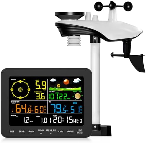 Weather Stations Wireless Indoor Outdoor, Weather Station with Rain Gauge and Wind Speed, Weather Forecast, Temperature, Air Pressure, Humidity, Moon Phase, Alarm Clock(No WiFi)