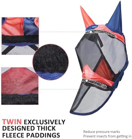 Harrison Howard Pro Luminous Horse Fly Mask Large Eye Space Full Face UV Protection for Horse Coral Orange/Navy M
