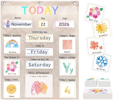 Daily Morning Board Circle Time Calendar Weather Seasons Positive Affirmations Letter Shape Number of the Day Pocket Chart,Toddler Preschool Calendar,Homeschool Morning Work Activity, Pastel Design