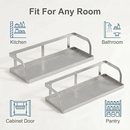 PUSDON 2-Pack Wide Hollowout Shower Caddy & Spice Rack, Wall Mount Bathroom Organizer with Mesh Bottom, Easy Access Cabinet Door Shelf Holds 50LBS - Silver Gray, Hollowout