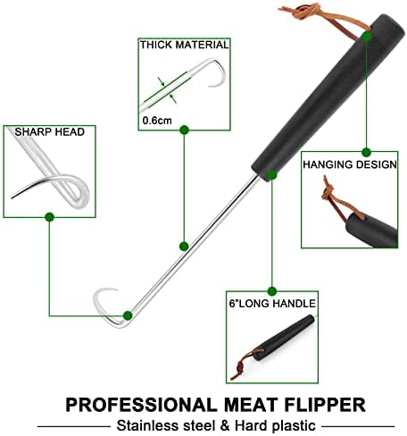 Meat Hook Flipper Set of 2, HaSteeL Stainless Steel Pigtail Food Flipper Turner 12Inch, BBQ Accessories Great for Grilling Smoking Frying, Long Body & ABS Handle, Easy to Clean & Right Handed