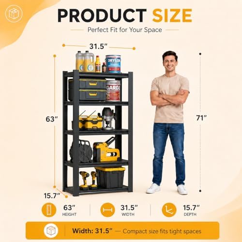 SAWJEC Garage Shelving Unit, 63" Compact 5-Tier Metal Storage Rack