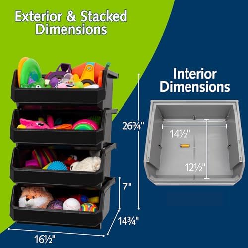 ReadySpace Extra Large Stackable Plastic Storage Bins, 4-Pack, Black