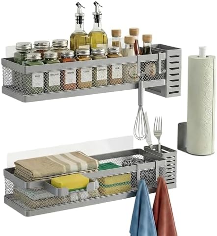 PUSDON 5-in-1 16.5" Extra Long Slim Wall Mount Wrapped Mesh Kitchen Organizer & Shower Caddy Kit, with Paper Towel Holder, Utensil Holder, Soap Dish, Holds 50LBS - Silver Gray, Netting