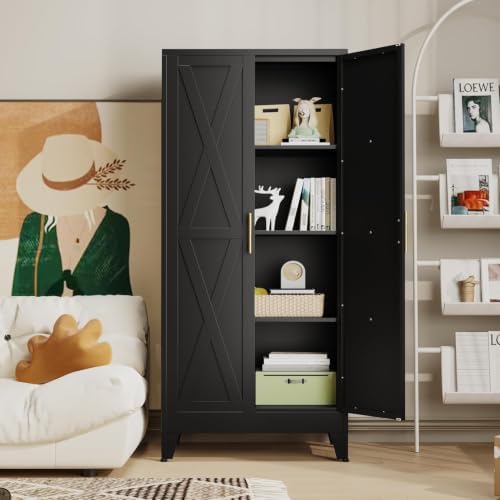 61" Metal Kitchen Pantry Storage Cabinet with 2 Doors and 3 Adjustable Shelves,Black Farmhouse Pantry Cabinet,Steel Garage Tool Cabinet Freestanding Cupboard for Kitchen,Dinning Living Room