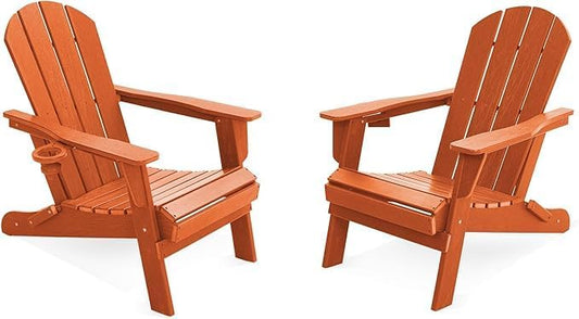 LOUNZY Folding Adirondack Chairs Set of 2, HDPE All-Weather Foldadle Adirondack Chair with Cup Holders, Outdoor Patio Adirondack Chair for Deck Lawn Fire Pit, Orange