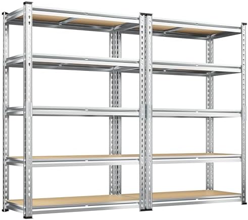 REIBII Garage Shelving, 5 Tier Storage Shelves Load 2400LBS, Adjustable Garage Shelving Heavy Duty, Metal Shelves Unit with Waterproof Columns, 35.5" W x 11.9" D x 72" H, Galvanized, 2 Pack