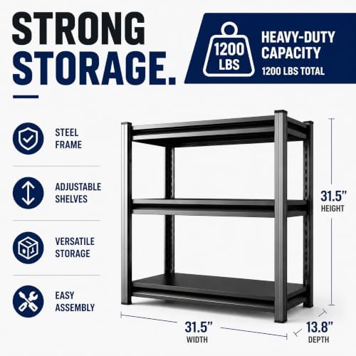 Garage Shelving Heavy Duty Shelving Unit, 1200 LBS 3-Tier Adjustable Boltless Storage Rack, Organizer for Garage Warehouse Kitchen Basement Workshop Household Supplies, 31.5"H x 31.5"W x 13.8"D, Black