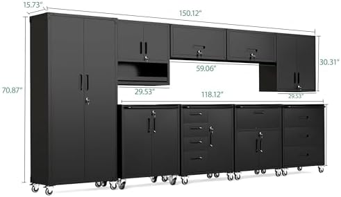 9-Piece Heavy Duty Steel Garage Cabinet System | All-in-One Modular Garage Cabinet Set for Ultimate Workshop Organization | Easy Assembly Garage Storage Cabinets & Tool Bench (Black)