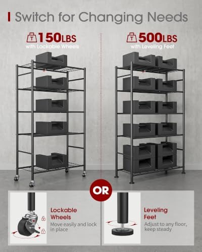 Sakugi 5-Tier Storage Shelves 33.1" x12.6" x73.5" Black with Wheels