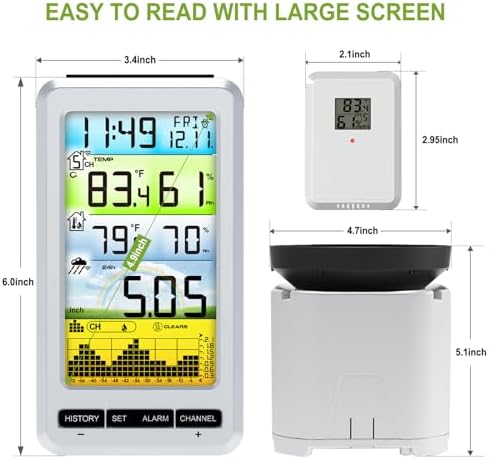 Urageuxy Rain Gauge Wireless Indoor Outdoor Thermometer with Color Display Screen, Rain Gauges for Yard with Rainfall History, Alerts, Humidity, Detachable Metal Bird Spikes