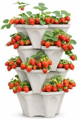 Vertical Garden Planter 4 Tier Stackable System 16 Plants, Space Saving Herb, Strawberry & Food Crop Planter with Center Support Hole for Indoor Outdoor Gardening (4, Stone, Large)