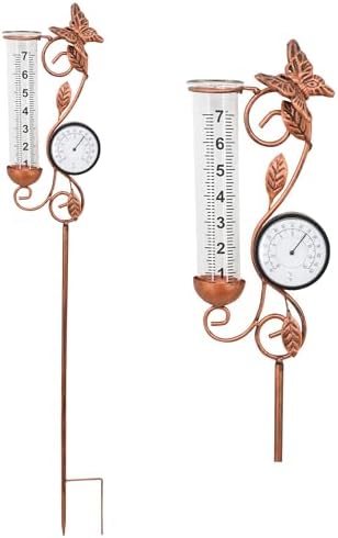 Rain Gauge Outdoor with Thermometer, Butterfly Metal Garden Stake