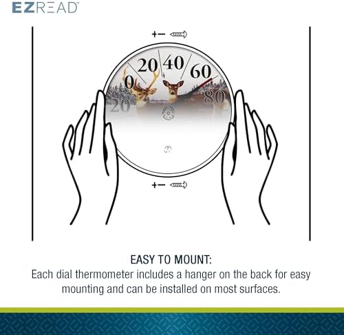 EZREAD Hanging Dial Thermometer 840-1226 Weather Thermometers for Indoor and Outdoor Use, Large 12.5 Inch Diameter, Easy to Read Numbers, Deer