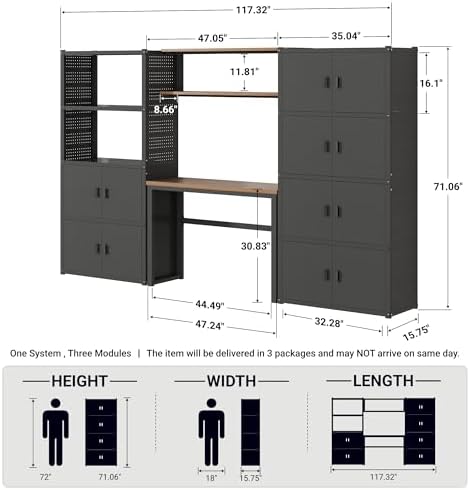 FLEXIMOUNTS 117"L 3-in-1 Modular Garage Storage Cabinet with Workbench